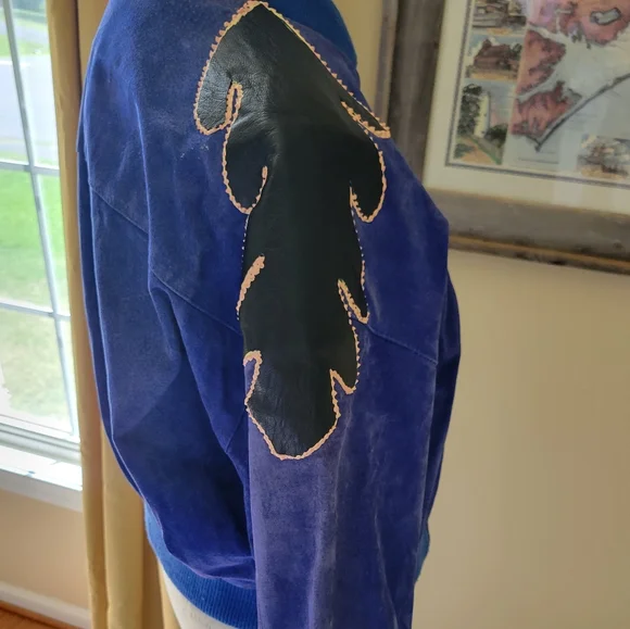 Vintage Royal Blue Suede Black Leather Patchwork Bomber Jacket Fox Run K… - Picture 7 of 16